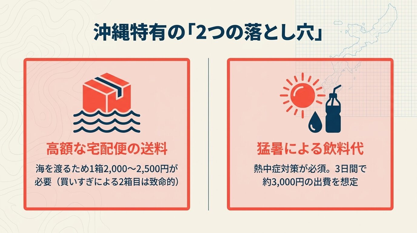 1箱2,000円〜2,500円かかる高額な送料と、猛暑による飲料代（約3,000円）の注意喚起。