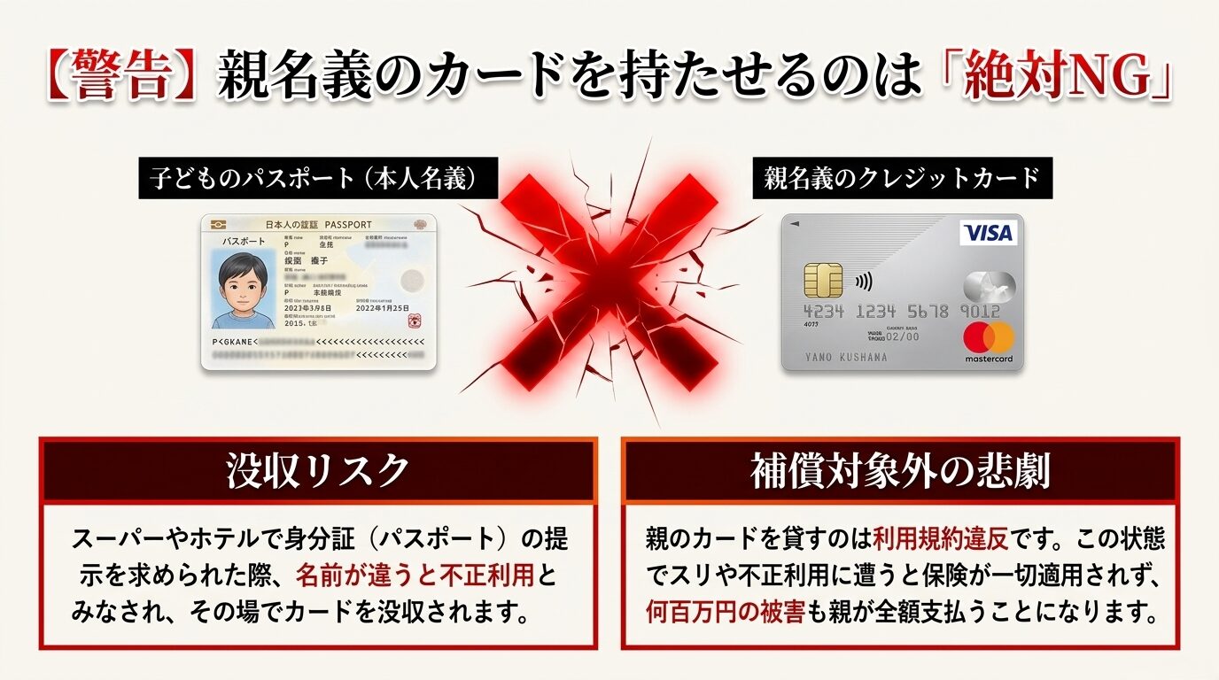 子どものパスポートと親名義のクレジットカードの名前が異なることで没収や補償対象外になるリスクの解説