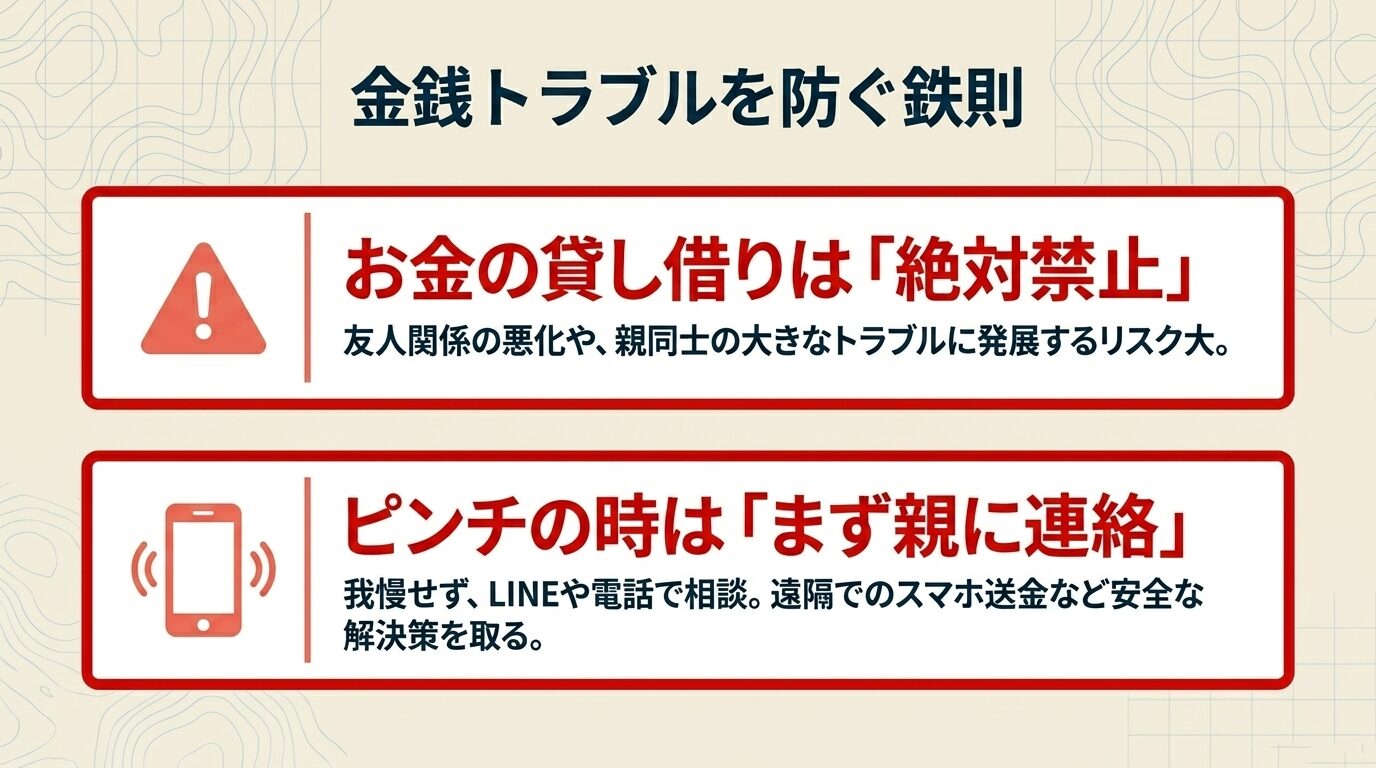 友人間の貸し借り禁止と、困った時は親に連絡してスマホ送金などで解決することを推奨する案内。