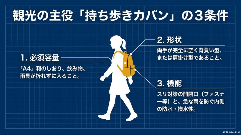 観光の主役となる持ち歩きカバンの3条件。A4判のしおりが入る容量、両手が空く形状、スリ対策や撥水性などの機能が必要