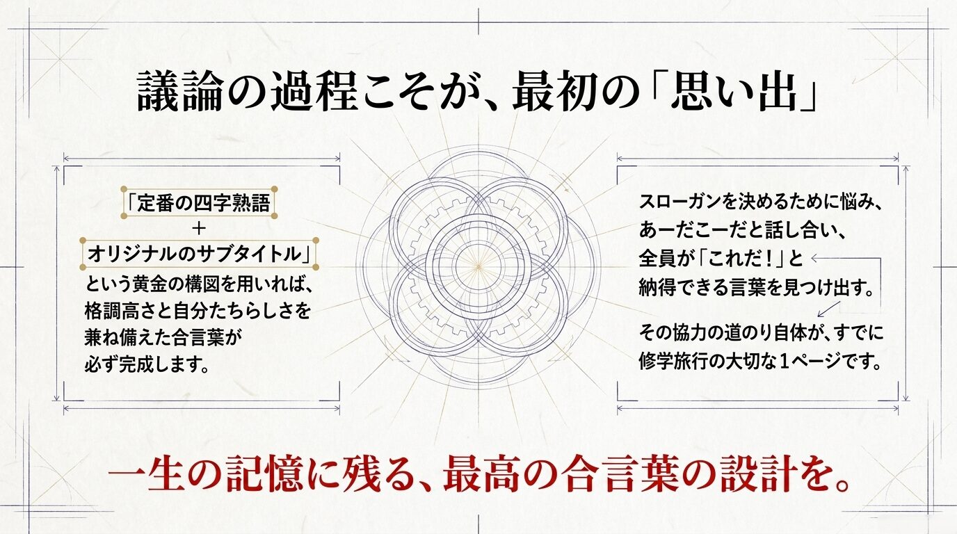 スローガンを決めるための話し合いや協力の道のり自体が、修学旅行の大切な1ページであるというメッセージ