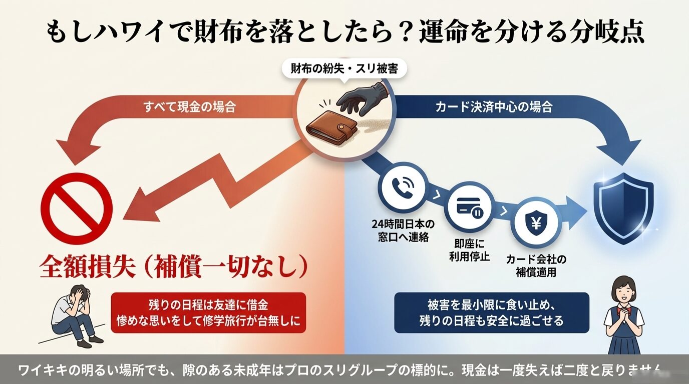 ハワイで財布を落とした際の、現金(全額損失)とカード(即座に利用停止・補償適用)の運命を分ける分岐点を示すイラスト