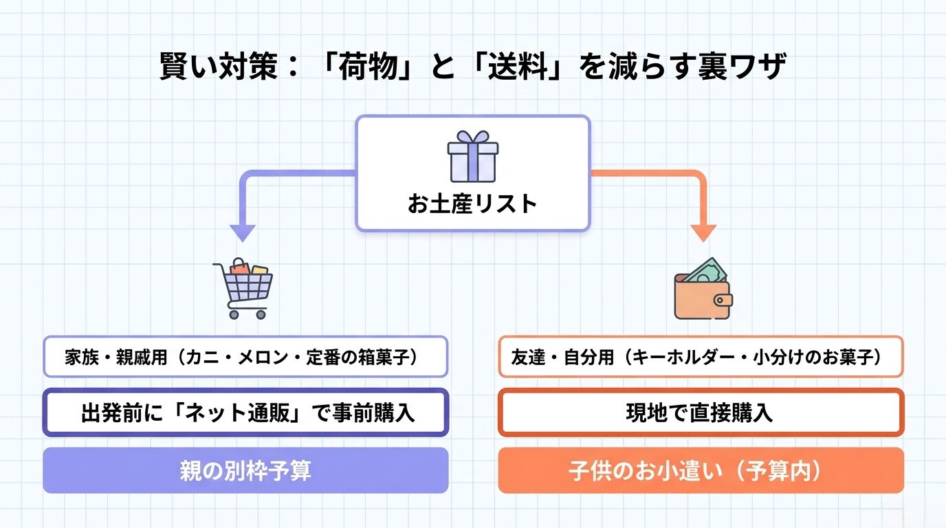 カニやメロンなどの家族用お土産は親の別枠予算として出発前にネット通販で購入し、友達や自分用のお土産は子供のお小遣い予算内で現地購入するという対策リスト