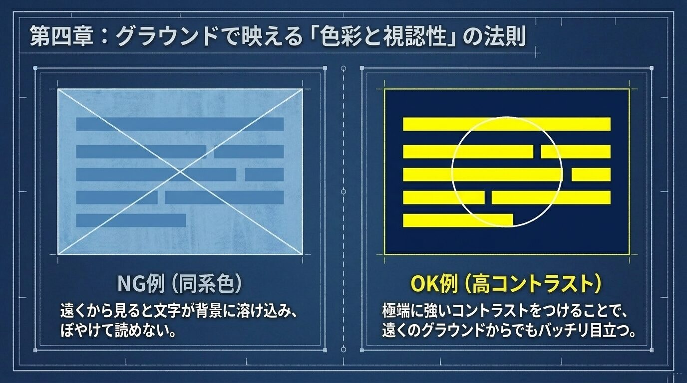 同系色で見にくいNG例と、高コントラストで視認性が高いOK例の比較図。