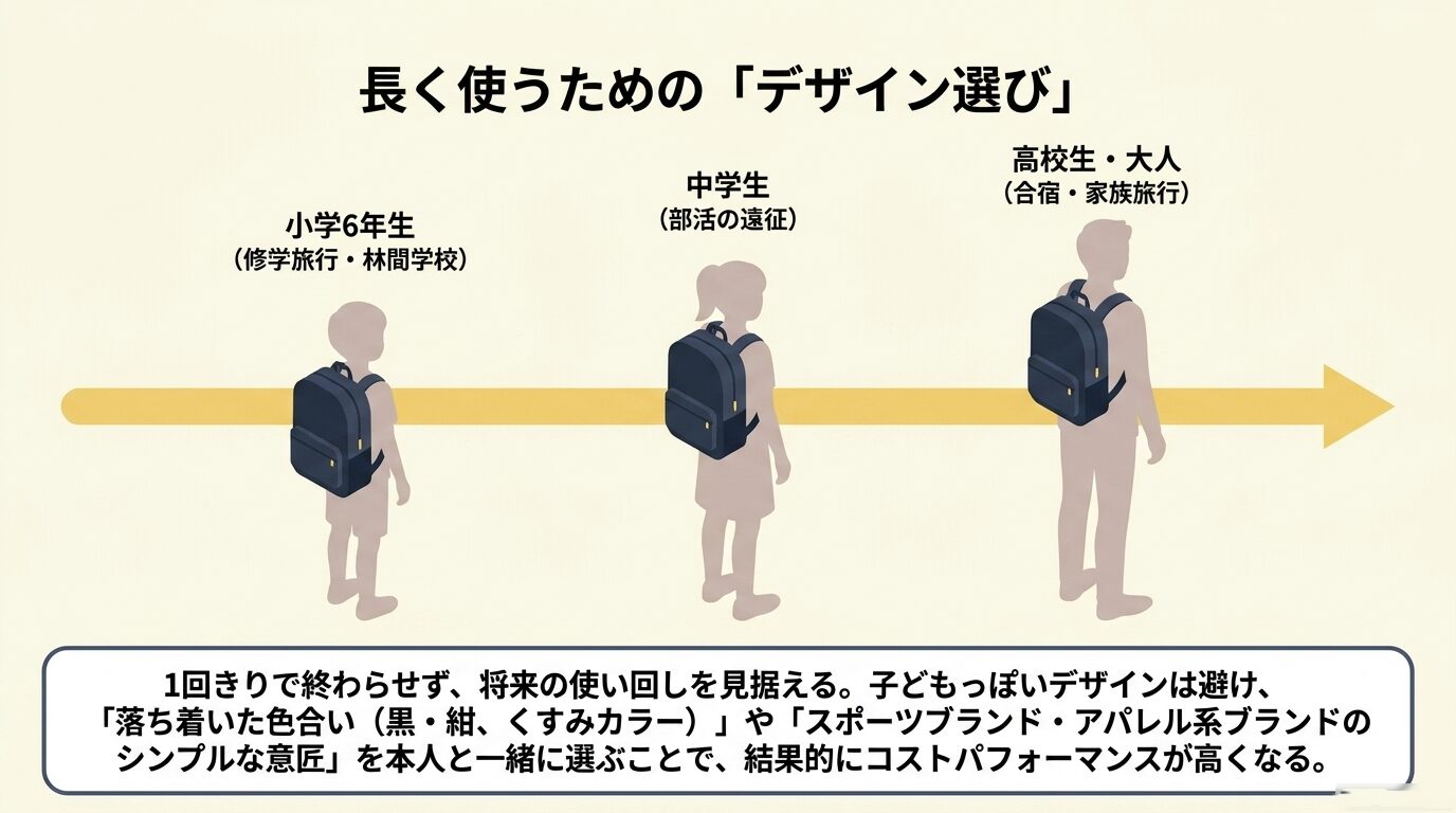 小学校高学年から中高生、大人まで使い回せるよう、落ち着いた色合いやシンプルなブランドロゴを選ぶことを推奨するイラスト。