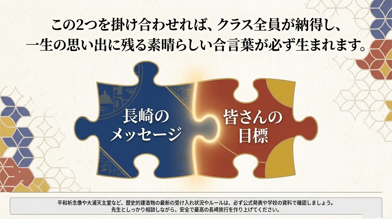 「長崎のメッセージ」と「皆さんの目標」の2つを掛け合わせれば一生の思い出に残る素晴らしい合言葉が生まれるという図。下部には、歴史的建造物の最新の受け入れ状況やルールは公式発表で確認し、先生と相談しながら安全に進めるよう促す注意書き。