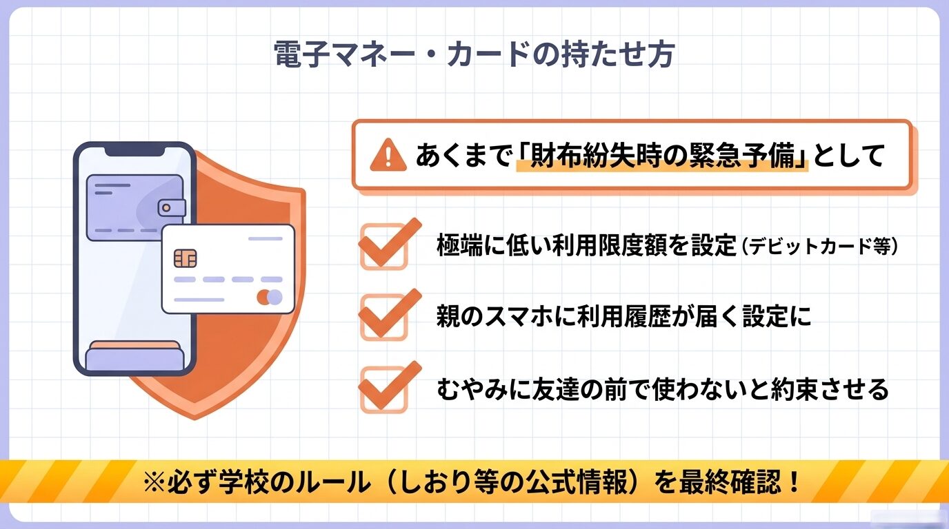 あくまで財布紛失時の緊急予備として、極端に低い利用限度額を設定し、親のスマホに利用履歴が届く設定にして、むやみに友達の前で使わないと約束させるなどのルールと、学校の公式情報の最終確認を促す注意書き