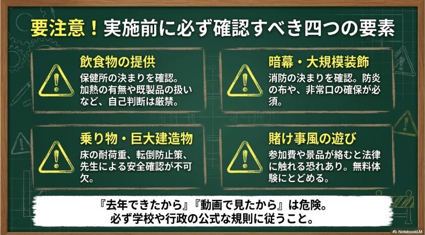 飲食物、暗幕や大規模装飾、乗り物や巨大構造物、賭け事風の遊びの注意点をまとめた図