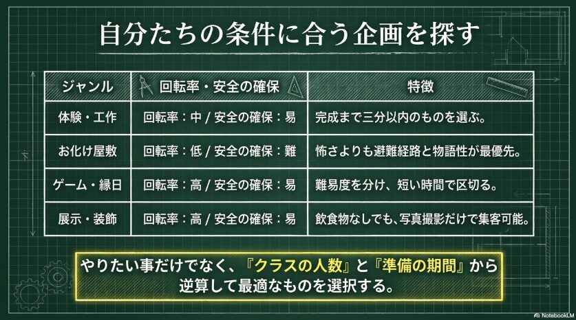 体験工作、お化け屋敷、ゲーム縁日、展示装飾を回転率と安全性で比較した表