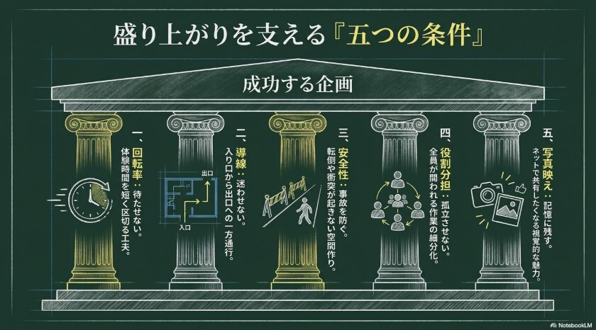 回転率、導線、安全性、役割分担、写真映えの5条件で成功する企画を支える図