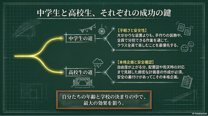 中学生は手軽さと安全性、高校生は本格企画と安全確認が成功の鍵だと示す分岐図