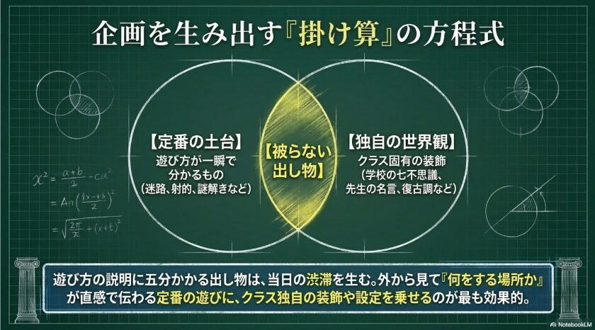 定番の遊び方にクラス独自の世界観を掛け合わせて被らない出し物を作る図