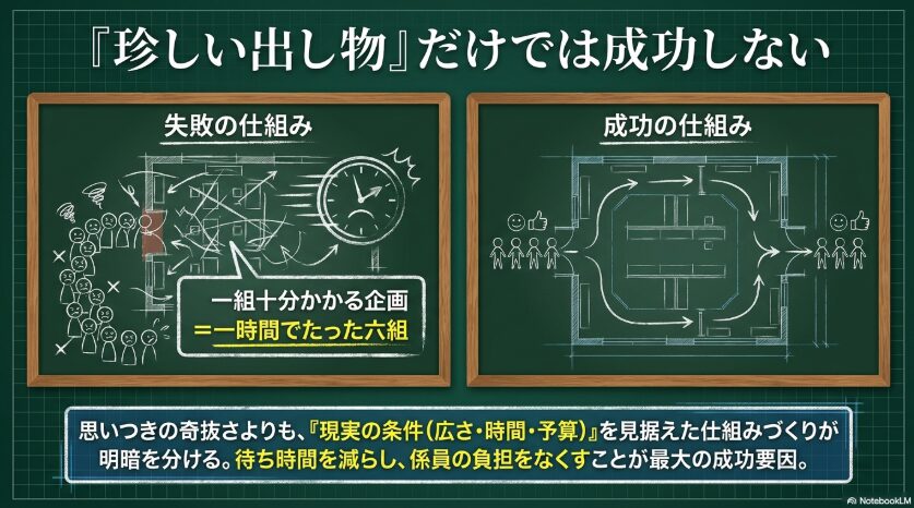 珍しい出し物よりも待ち時間や係の負担を減らす仕組みが重要だと示す比較図