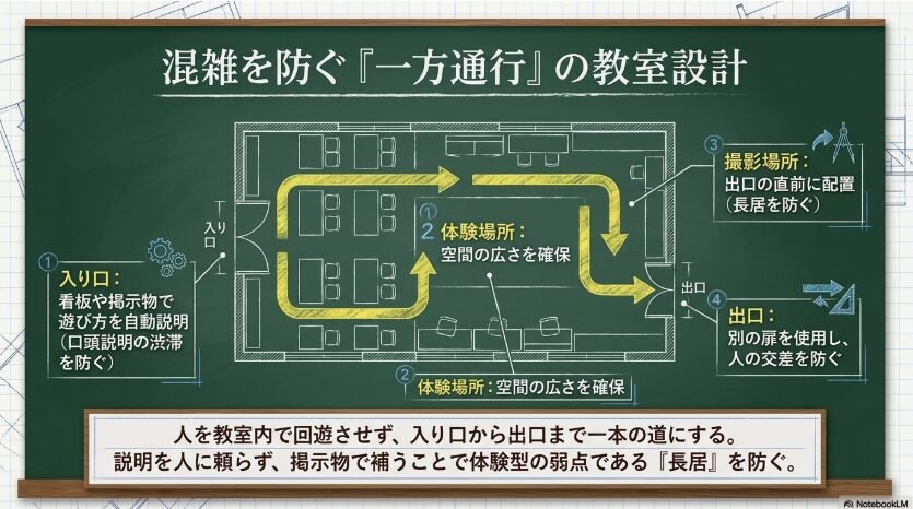 入口、体験場所、撮影場所、出口を一方通行で配置し混雑を防ぐ教室レイアウト図