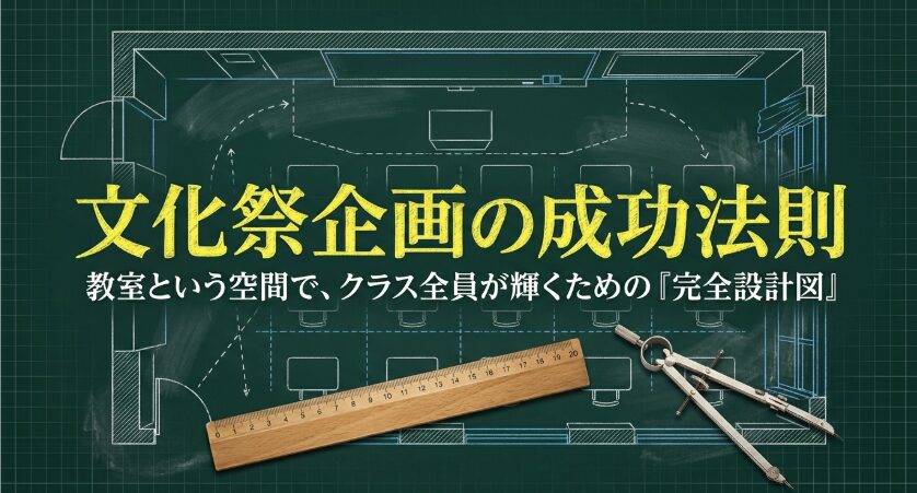 文化祭企画を成功させるための教室設計図を黒板風に示したタイトルスライド