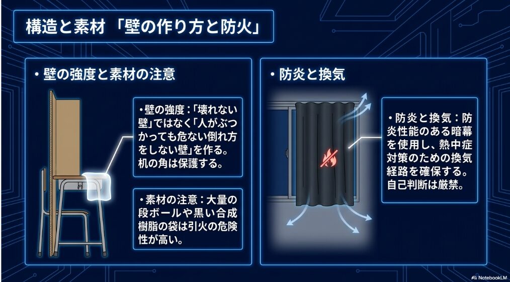 机と段ボールで壁を作る方法、防炎暗幕や換気の必要性、素材選びの注意点をまとめた安全対策スライド