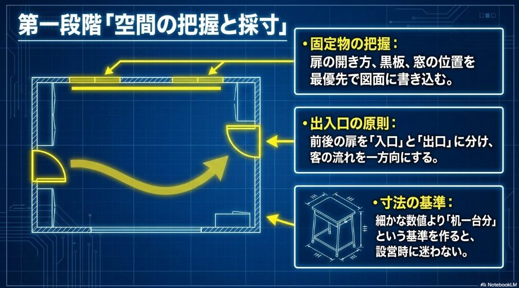 教室のお化け屋敷を作る前に、扉、窓、黒板、机の寸法など動かせない設備を図面に書き込むポイント