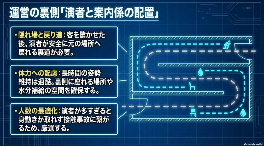 お化け役の隠れ場所、戻り道、休憩場所、案内係の配置を含めた文化祭お化け屋敷の運営用レイアウト