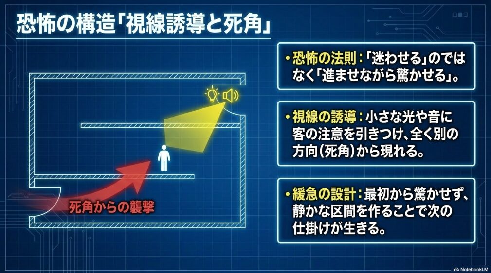 小さな光や音で客の視線を誘導し、死角からお化け役が現れる仕掛けの考え方を示した設計図