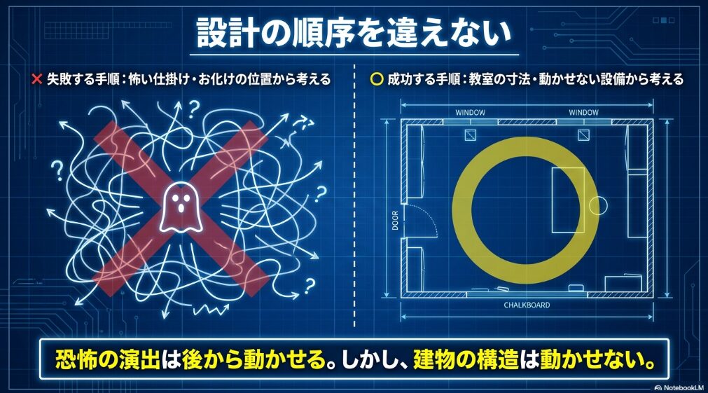 怖い仕掛けから考える失敗例と、教室の寸法や固定設備から考える成功例を比較した設計手順の解説スライド