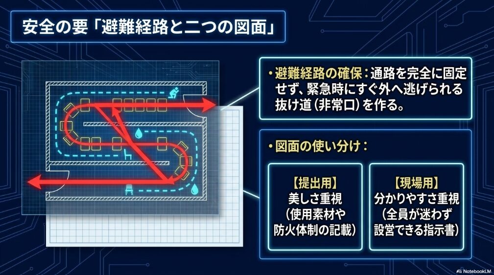 通常の順路とは別に緊急時の避難経路を確保し、提出用図面と現場用図面を使い分ける考え方を示したスライド