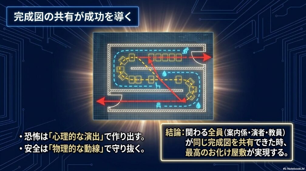 恐怖は心理的な演出で作り、安全は物理的な動線で守るという、文化祭お化け屋敷設計のまとめスライド
