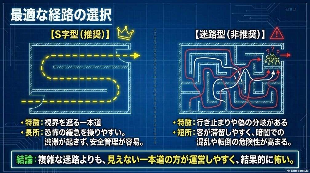 文化祭のお化け屋敷で、視界を遮るS字型ルートと迷路型ルートを比較し、安全に運営しやすい順路を示した図