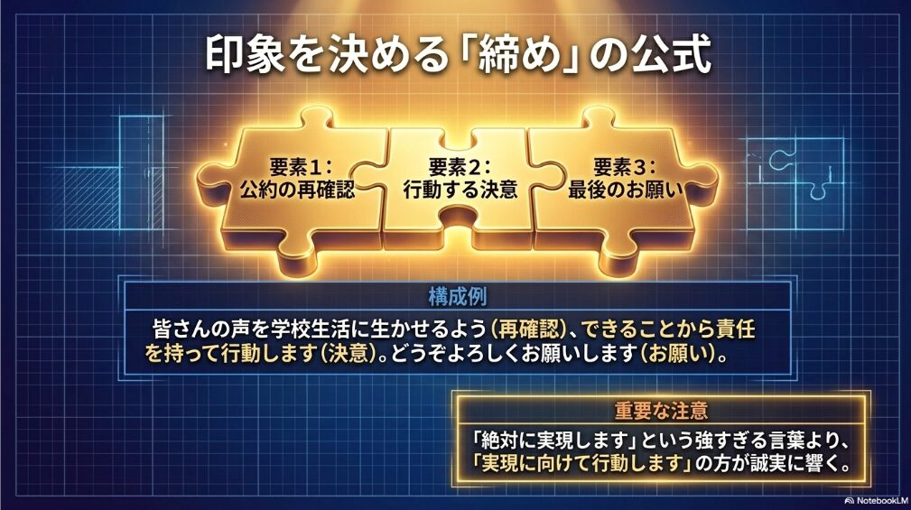 公約の再確認、行動する決意、最後のお願いで締める構成を示したスライド