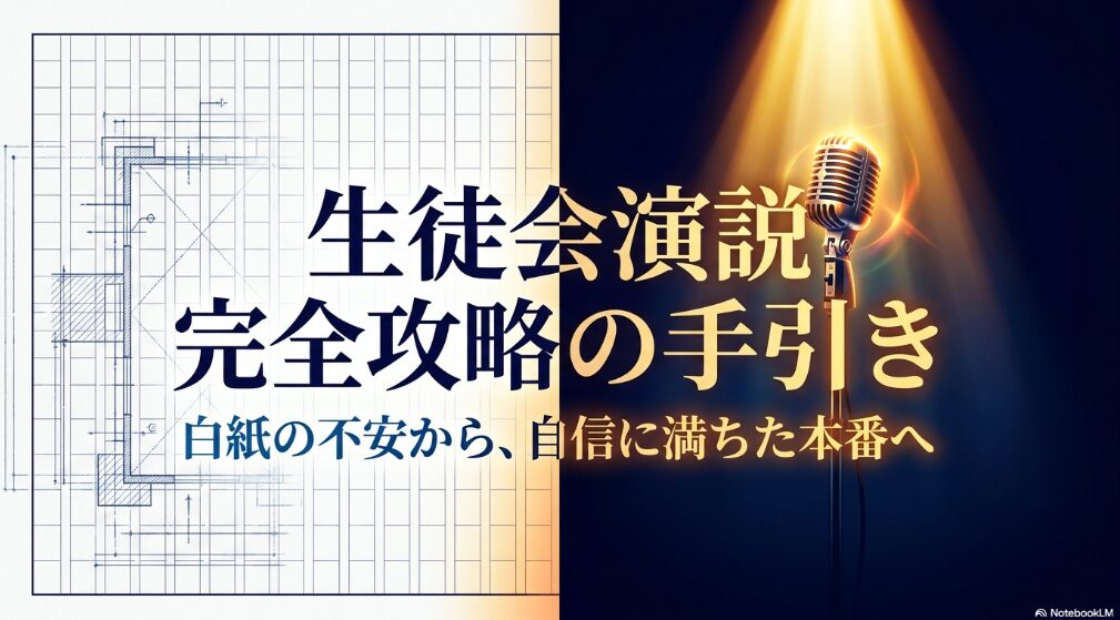 生徒会演説の原稿作成から本番対策までを示した、マイクと設計図のスライド