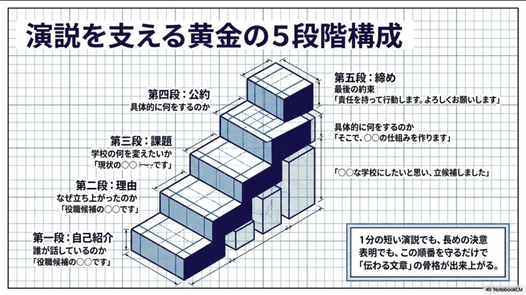 自己紹介、理由、課題、公約、締めの5段階で生徒会演説を組み立てる方法を示したスライド