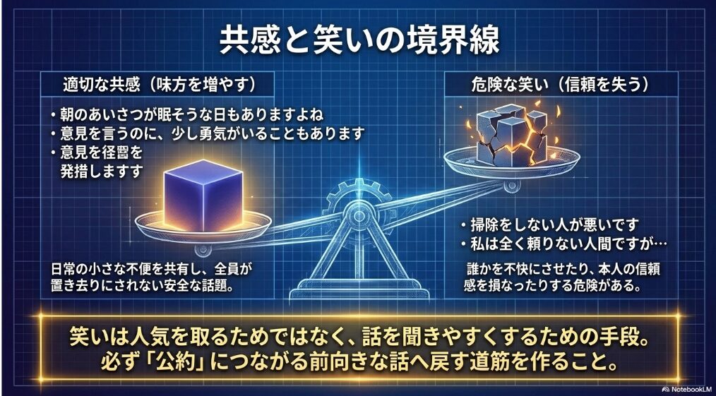 共感を生む安全な笑いと、信頼を失いやすい危険な笑いの違いを説明したスライド
