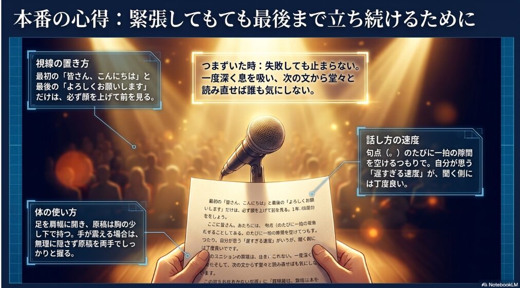 目線、話す速さ、姿勢、つまずいた時の対処をまとめた本番対策スライド