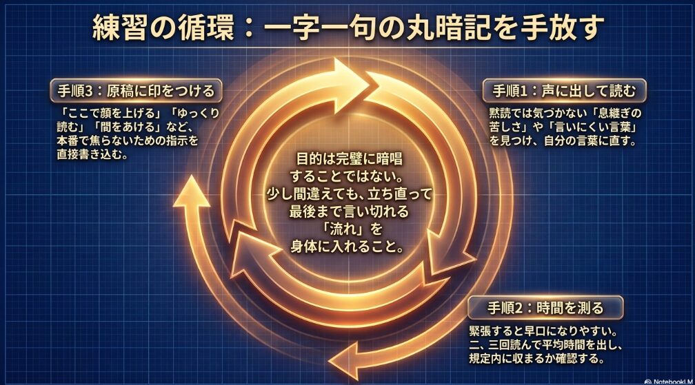 声に出して読む、時間を測る、原稿に印をつける練習手順を示したスライド