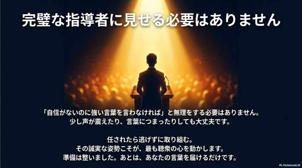 完璧な指導者に見せるより、誠実に最後まで伝える姿勢が大切だと示すスライド