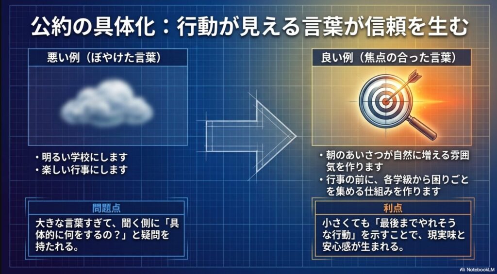 ぼやけた公約を、行動が見える具体的な言葉に変える例を示したスライド