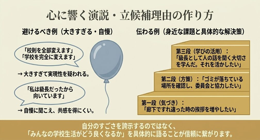 生徒会長選挙の演説で避けるべき表現と、身近な課題から立候補理由を作る方法を示すスライド