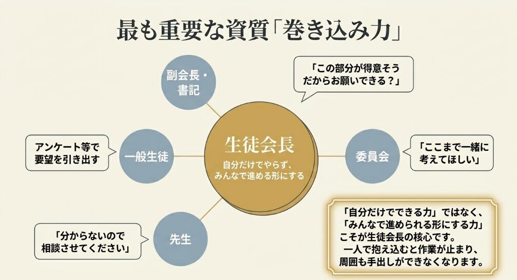 生徒会長が副会長、書記、委員会、先生、一般生徒を巻き込みながら進める関係図