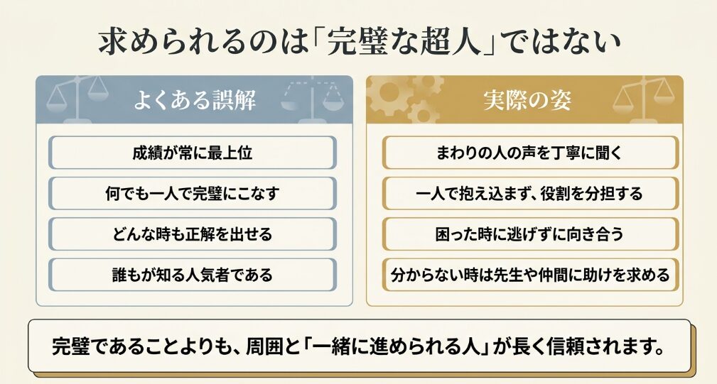 生徒会長になる人は完璧な超人ではなく、周囲の声を聞き協力できる人だと示す比較スライド