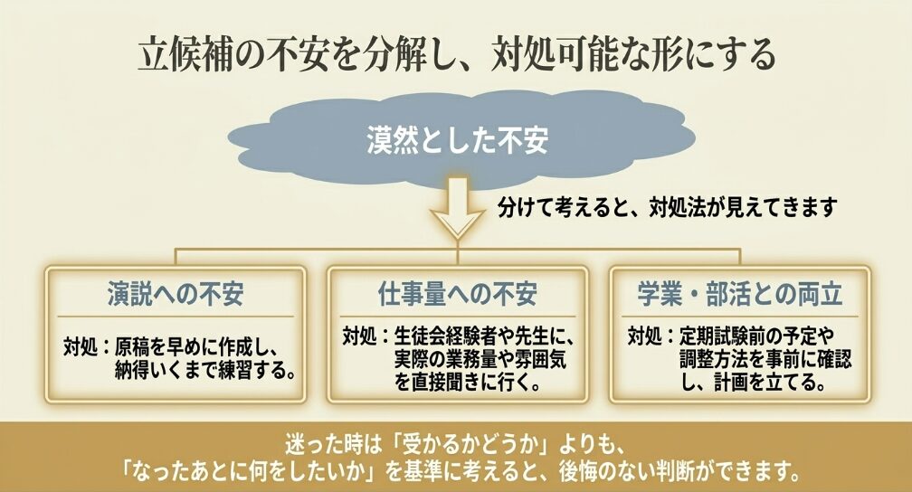 生徒会長への立候補前に感じる演説、仕事量、学業や部活との両立への不安を整理したスライド