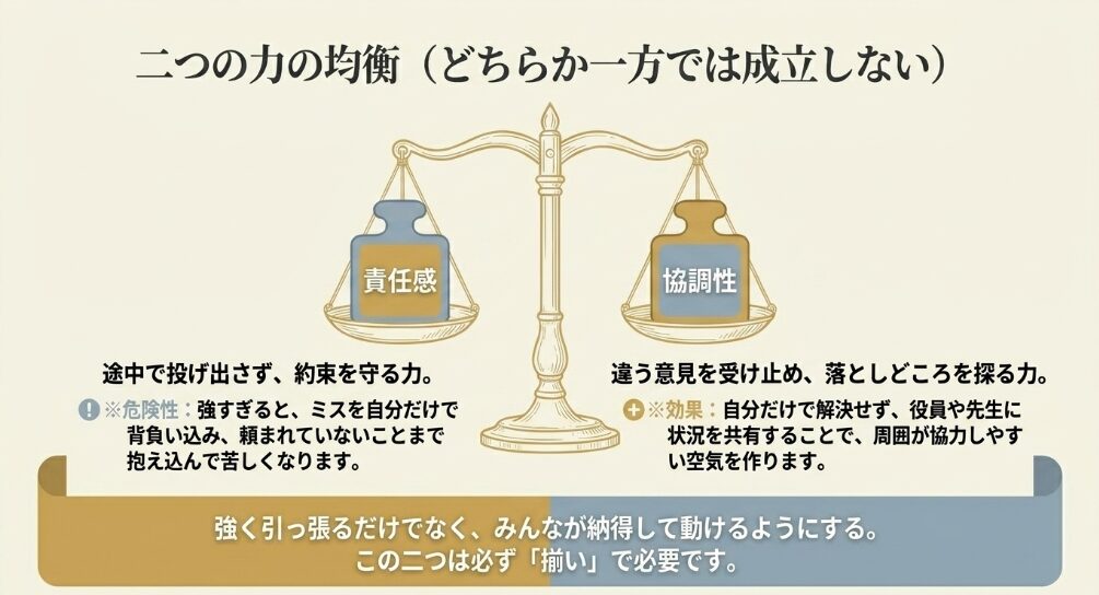 生徒会長には責任感と協調性の両方が必要で、どちらか一方では成立しないことを示すスライド