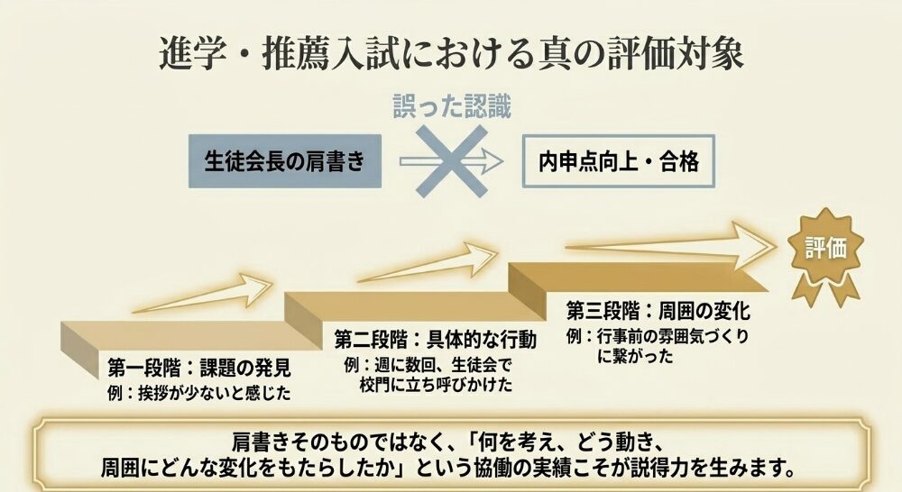 生徒会長の肩書きではなく、課題発見、具体的行動、周囲の変化が推薦入試で評価されることを示すスライド