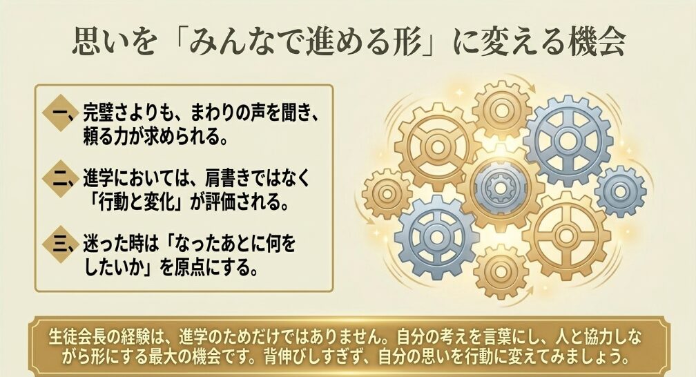 生徒会長になる人に必要な力、進学評価の考え方、迷ったときの判断軸をまとめたスライド