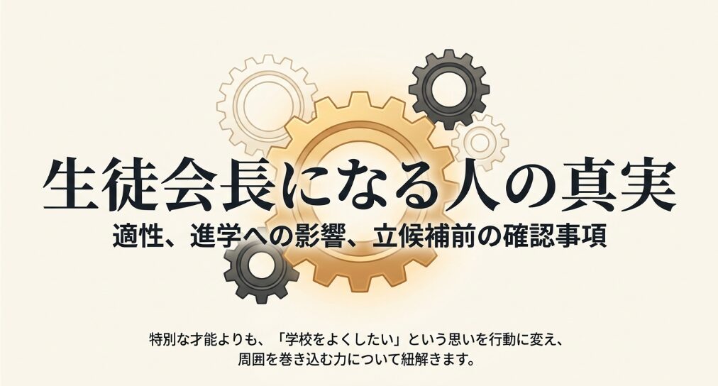 生徒会長になる人の適性、進学への影響、立候補前の確認事項をまとめたスライド