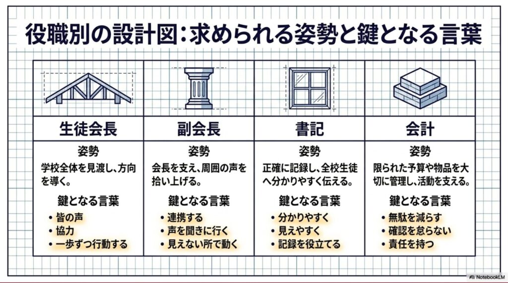 生徒会長、副会長、書記、会計それぞれに求められる姿勢と言葉を整理したスライド