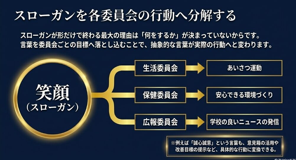 笑顔というスローガンを生活委員会、保健委員会、広報委員会の具体的行動に分解する図