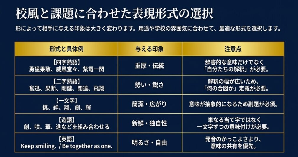 四字熟語、二字熟語、一文字、造語、英語フレーズの印象と注意点を比較した表