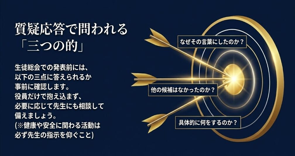 生徒総会で聞かれやすい理由、他候補、具体策の三点を事前確認する図