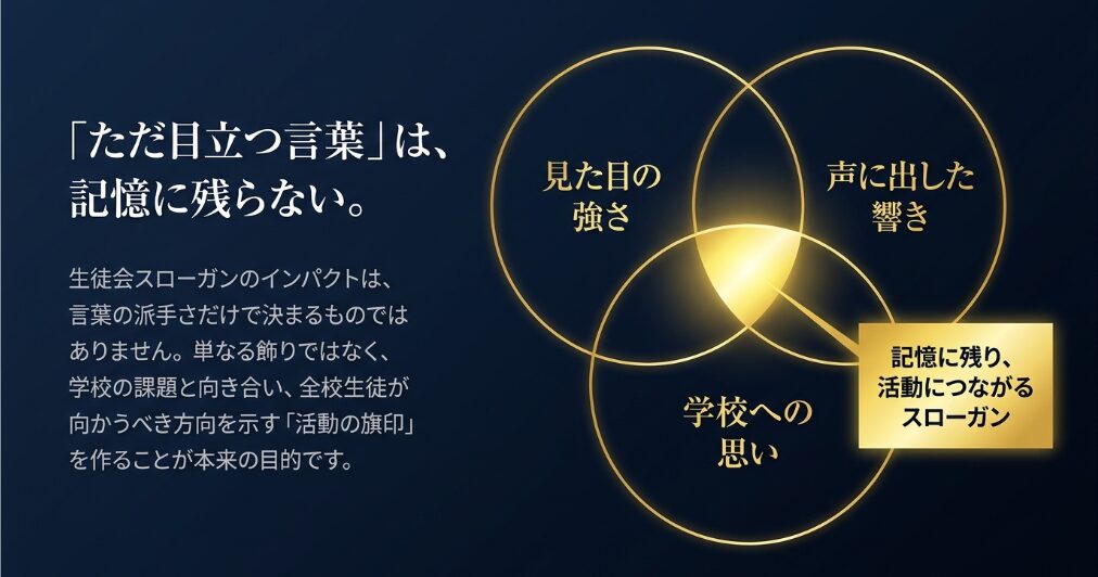 見た目の強さ、声に出した響き、学校への思いが重なることで記憶に残るスローガンになることを示した図