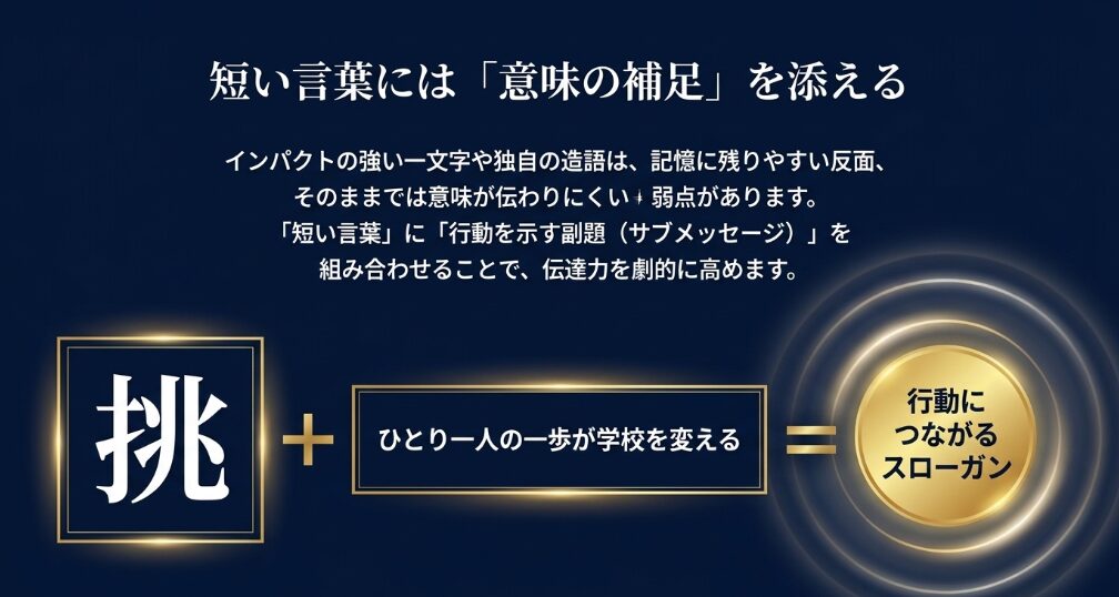 一文字の挑にサブメッセージを添えて行動につながるスローガンにする例