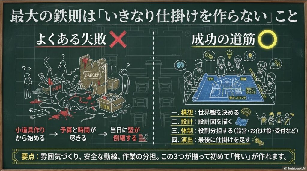 文化祭のお化け屋敷は小道具作りから始めず、世界観・設計図・役割分担を先に決めることを示した図